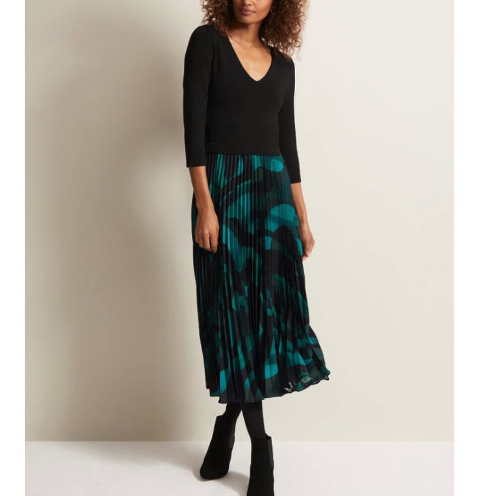 Womens Phase Eight Black Green Mixed Media V-Neck Pleated Midi Dress UK/16 US/12